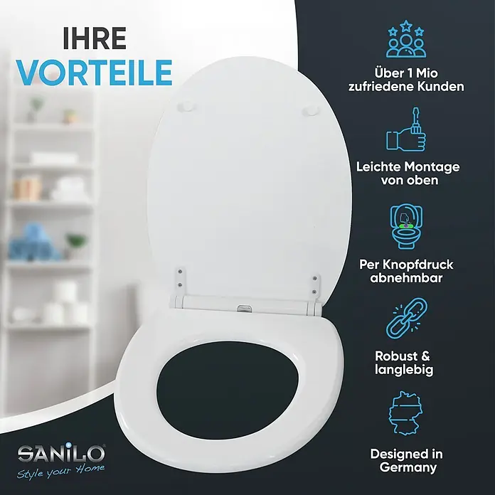 WC-Sitz mit Absenkautomatik & Top Fix Glitzer Weiß -  - Weißer Toilettensitz mit geöffnetem Deckel.
