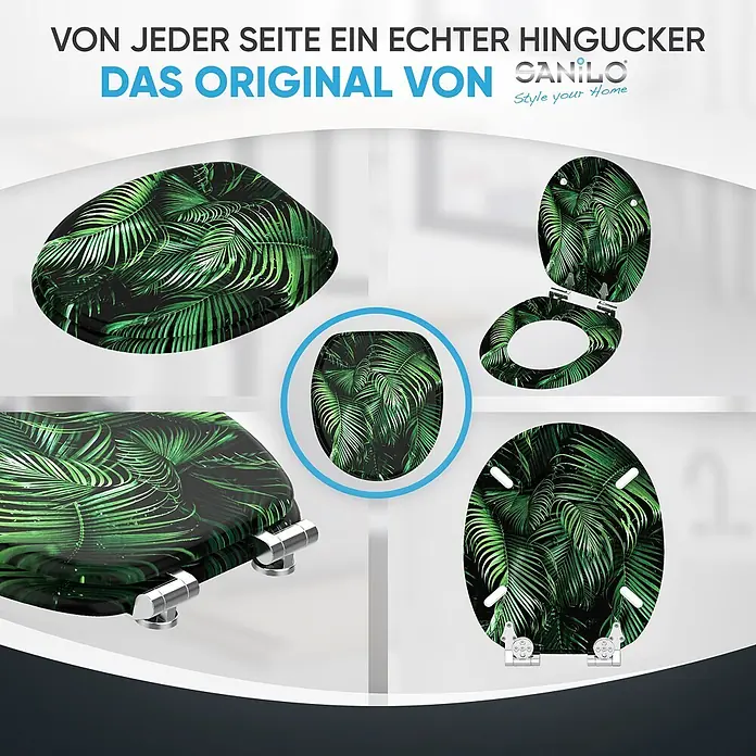 WC-Sitz mit Absenkautomatik Palmdream -  - Toilettensitz mit leuchtend grünem tropischem Palmenmuster auf dunklem Hintergrund, aus verschiedenen Blickwinkeln gezeigt.