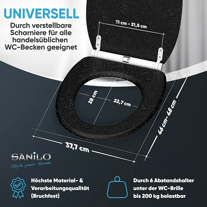 WC-Sitz mit Absenkautomatik & Top Fix Glitzer Schwarz -  - Schwarzer gesprenkelter WC-Sitz mit Merkmalen: verstellbare Scharniere, bis 200 kg belastbar.