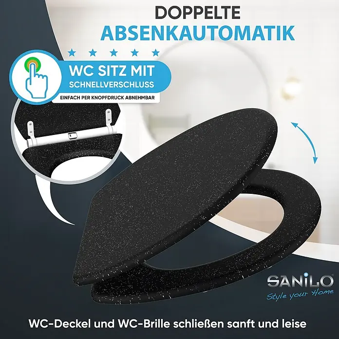 WC-Sitz mit Absenkautomatik & Top Fix Glitzer Schwarz -  - Schwarzer WC-Sitz mit gesprenkeltem Design, Schnellverschluss und doppelter Absenkautomatik.