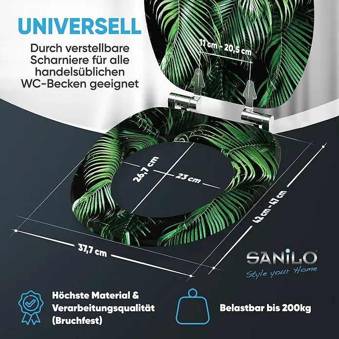 WC-Sitz mit Absenkautomatik Palmdream -  - WC-Sitz mit grünem Palmenblattmuster, verstellbaren Scharnieren (11-20,5cm), Gesamtmaße 42-47x37,7cm, universell passend, belastbar bis 200kg.