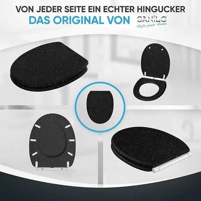 WC-Sitz mit Absenkautomatik & Top Fix Glitzer Schwarz -  - Schwarzer glitzernder WC-Sitz, aus verschiedenen Blickwinkeln gezeigt, geschlossen, offen und Unterseite.