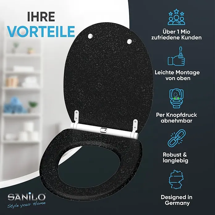 WC-Sitz mit Absenkautomatik & Top Fix Glitzer Schwarz -  - Schwarzer, gesprenkelter WC-Sitz mit einfacher Top-Montage, per Knopfdruck abnehmbar und robustem Design.