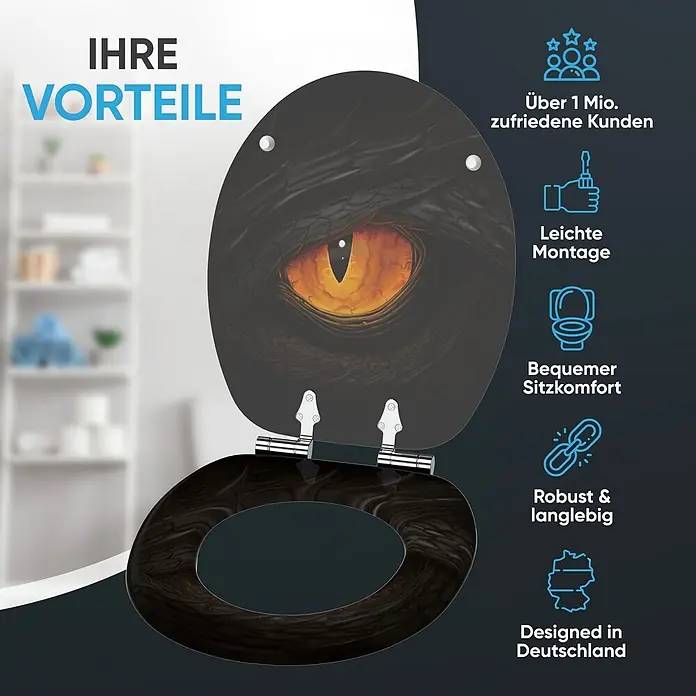 WC Sitz mit Absenkautomatik Eye -  - Toilettensitz mit detailliertem Drachenaugen-Design auf dem Deckel und passender dunkler Holzmaserung auf der Brille, mit deutschen Vorteilen.