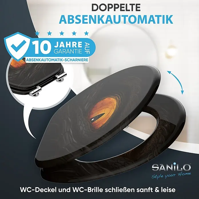 WC Sitz mit Absenkautomatik Eye -  - Schwarzer WC-Sitz mit Drachenaugen-Design und sanft schließenden Chrom-Scharnieren. Deckel und Brille schließen leise.