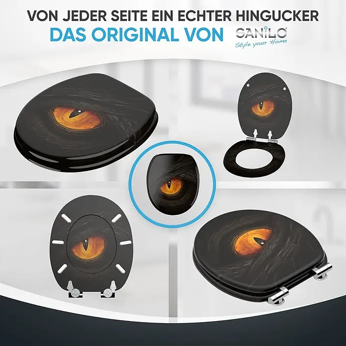 WC Sitz mit Absenkautomatik Eye -  - Schwarzer Toilettensitz mit Drachenaugen-Design, in verschiedenen Ansichten gezeigt.