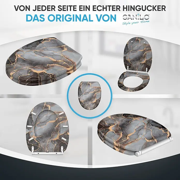 WC-Sitz mit Absenkautomatik & Top Fix Marmor Abstrakt -  - Toilettensitz mit dunklem Marmormuster, mit schwarzen, grauen und goldenen Adern.