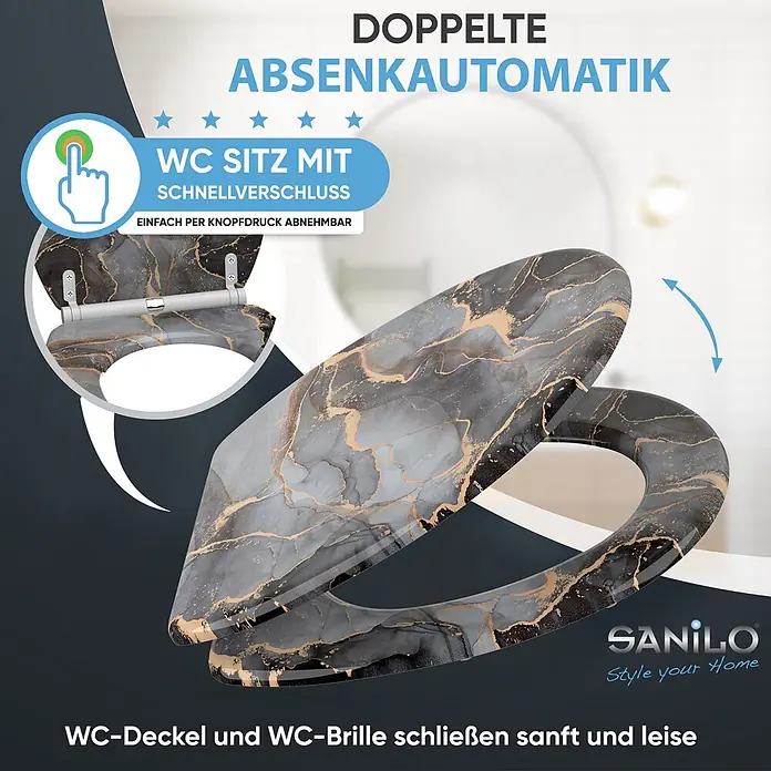 WC-Sitz mit Absenkautomatik & Top Fix Marmor Abstrakt -  - Marmorierter WC-Sitz in Schwarz-Gold mit Doppel-Absenkautomatik und Schnellverschluss.
