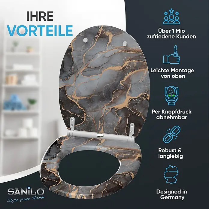 WC-Sitz mit Absenkautomatik & Top Fix Marmor Abstrakt -  - Toilettensitz mit elegantem schwarz-goldenem Marmormuster und weißen Scharnieren. Der Sitz ist teilweise geöffnet dargestellt.