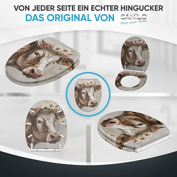 WC-Sitz mit Absenkautomatik & Top Fix Berta -  - Toilettensitz mit bemaltem braun-weißem Kuhkopf und Blumenkranz, aus verschiedenen Blickwinkeln gezeigt.