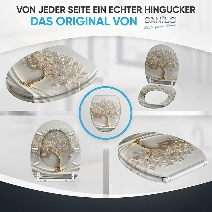 WC Sitz mit Absenkautomatik Tree of Life -  - Weißer Toilettensitz mit gold-weißem, abstraktem Baumdesign, aus verschiedenen Blickwinkeln dargestellt.
