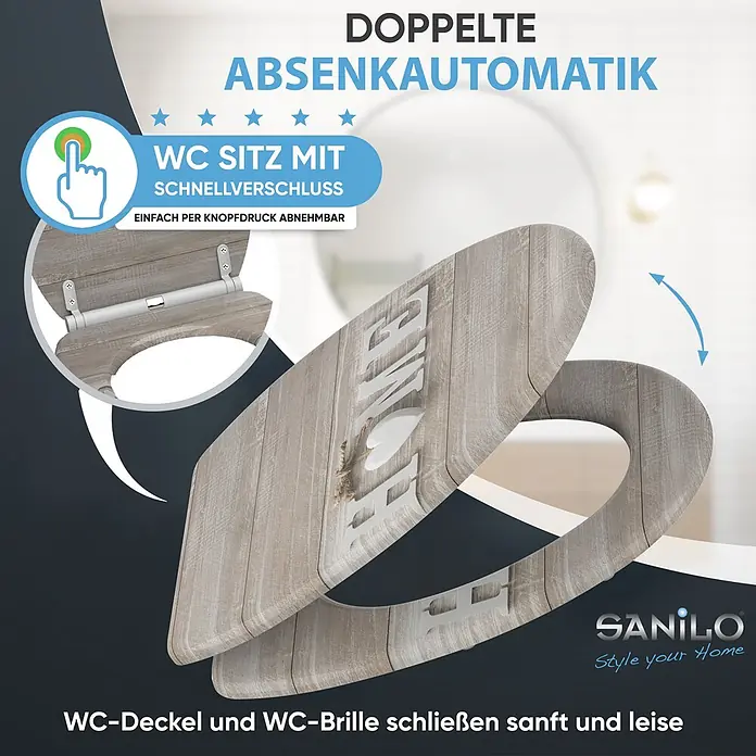 WC-Sitz mit Absenkautomatik & Top Fix Home -  - Hölzerner Toilettensitz mit Absenkautomatik und Schnellverschluss, verziert mit 'HOME'-Schriftzug.