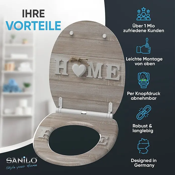 WC-Sitz mit Absenkautomatik & Top Fix Home -  - Toilettensitz in Holzoptik mit "HOME"-Schriftzug, hellgrau/braune Oberfläche.