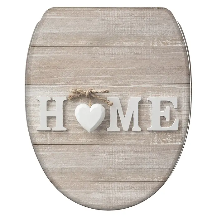 WC-Sitz mit Absenkautomatik & Top Fix Home -  - Toilettensitz mit heller Holzplanken-Textur, verziert mit weißen „HOME“-Buchstaben und einem hängenden Herz.