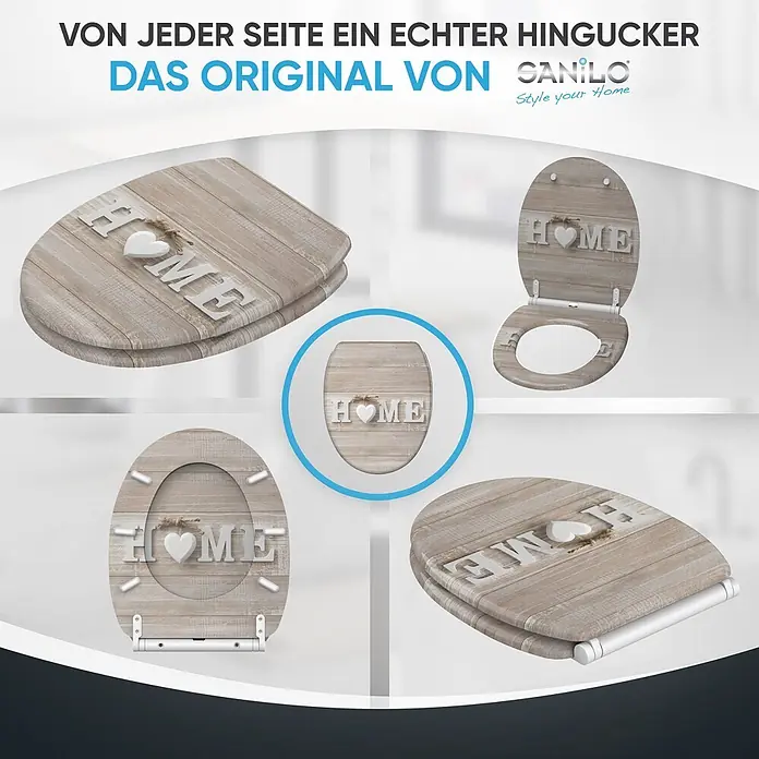 WC-Sitz mit Absenkautomatik & Top Fix Home -  - Toilettensitz mit heller Holzmaserung und weißem 'HOME'-Schriftzug mit Herz, aus verschiedenen Blickwinkeln gezeigt.