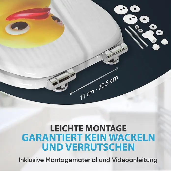WC-Sitz Absenkautomatik Quietscheente -  - Weißer Toilettensitz mit Entenmotiv, Chromscharnieren und Befestigungsmaterial, mit 11-20,5 cm Lochabstand.