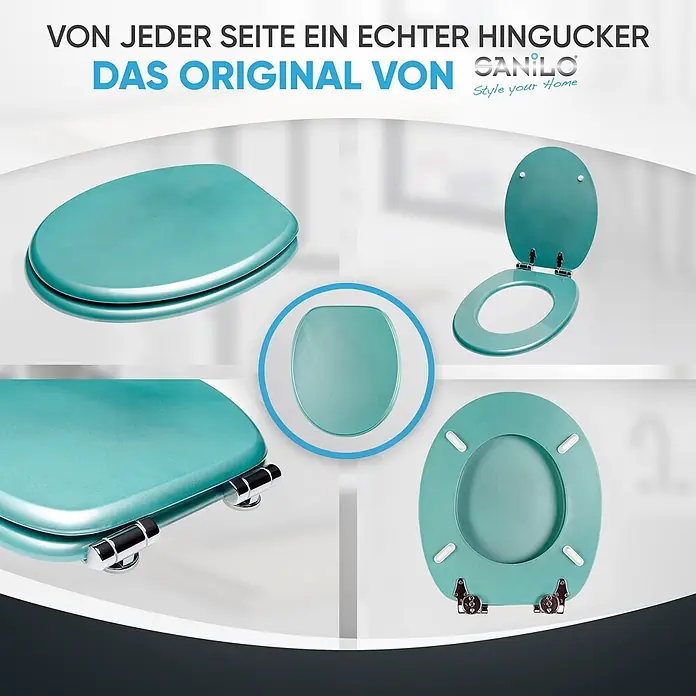 WC-Sitz Absenkautomatik Glitzer Türkis -  - Türkiser WC-Sitz mit glänzender Oberfläche und Chromscharnieren, aus verschiedenen Perspektiven gezeigt.