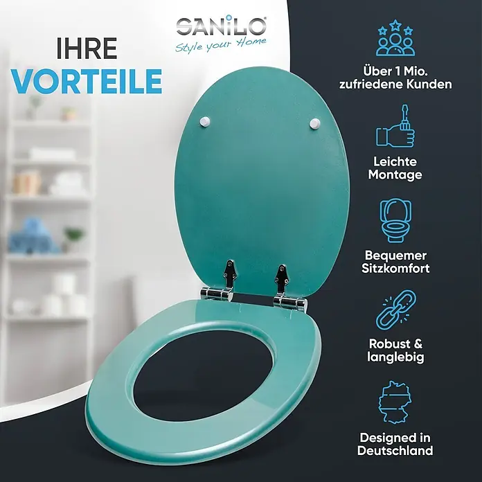 WC-Sitz Absenkautomatik Glitzer Türkis -  - Ein türkiser Toilettensitz mit geöffnetem Deckel ist vor einem verschwommenen Badezimmerhintergrund abgebildet, der Farbe und Design hervorhebt.