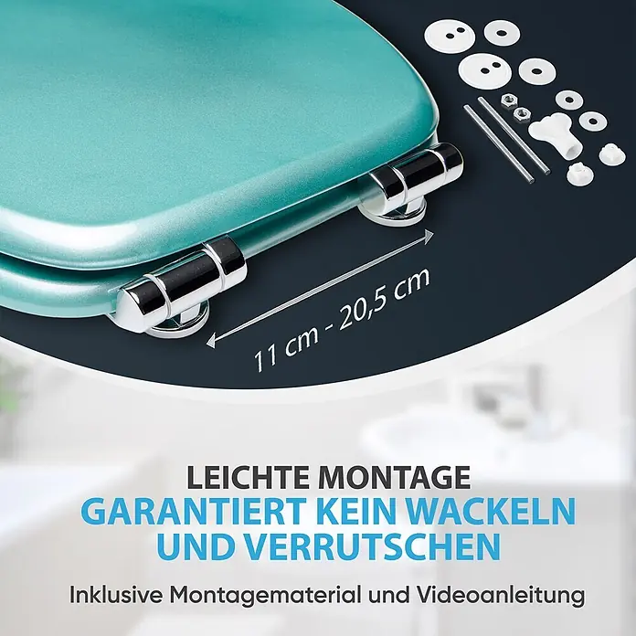 WC-Sitz Absenkautomatik Glitzer Türkis -  - Türkiser Toilettensitz mit Chromscharnieren und Montagezubehör. Scharnierabstand 11 - 20,5 cm einstellbar.