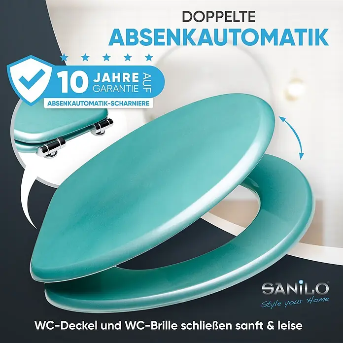 WC-Sitz Absenkautomatik Glitzer Türkis -  - Türkiser WC-Sitz mit doppelter Absenkautomatik, schließt sanft und leise. 10 Jahre Garantie auf Scharniere.