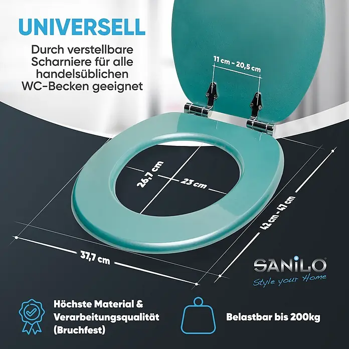 WC-Sitz Absenkautomatik Glitzer Türkis -  - Türkisfarbener Toilettensitz mit Maßen: 42-47cm Länge, 37,7cm Breite, Innenring 26,7x23cm. Verstellbare Scharniere (11-20,5cm), bruchfest, 200kg belastbar.