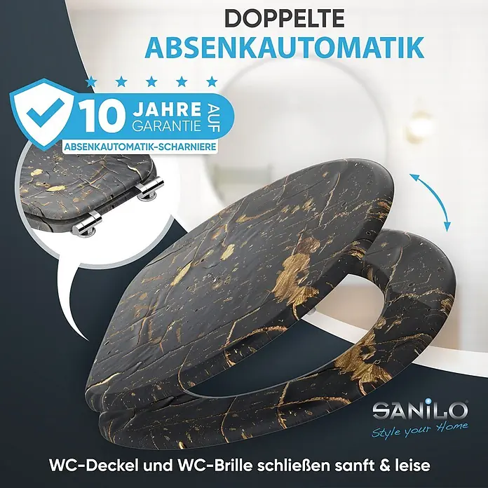 WC Sitz mit Absenkautomatik Shield -  - Sanilo WC-Sitz in Schwarz-Gold-Marmoroptik mit doppelter Absenkautomatik für sanftes & leises Schließen von Deckel und Brille.