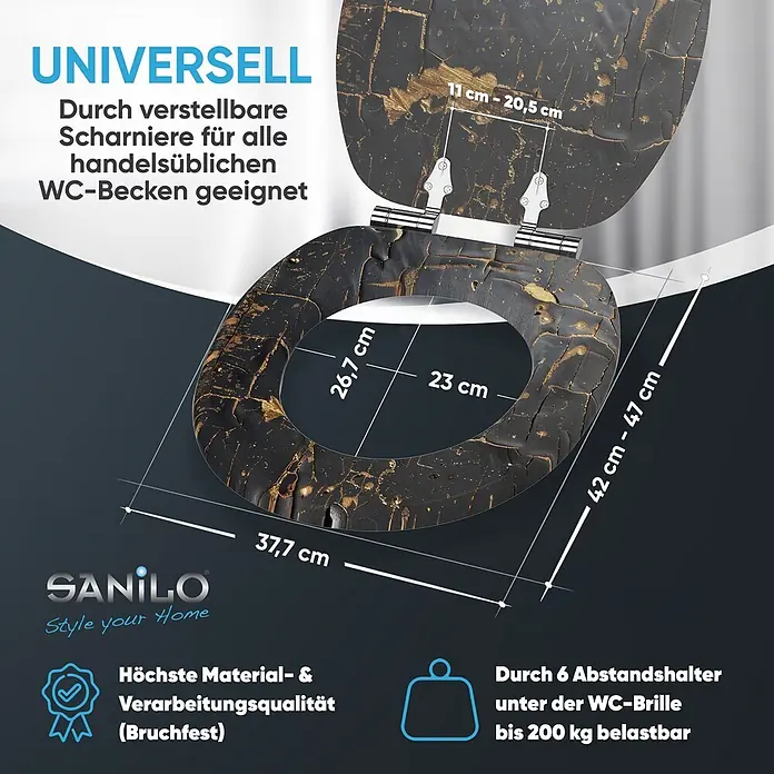 WC Sitz mit Absenkautomatik Shield -  - Schwarzer und goldener Toilettensitz in Riss-Optik mit verstellbaren Scharnieren, Maßen und Merkmalen wie Universalpassform und 200 kg Tragkraft.
