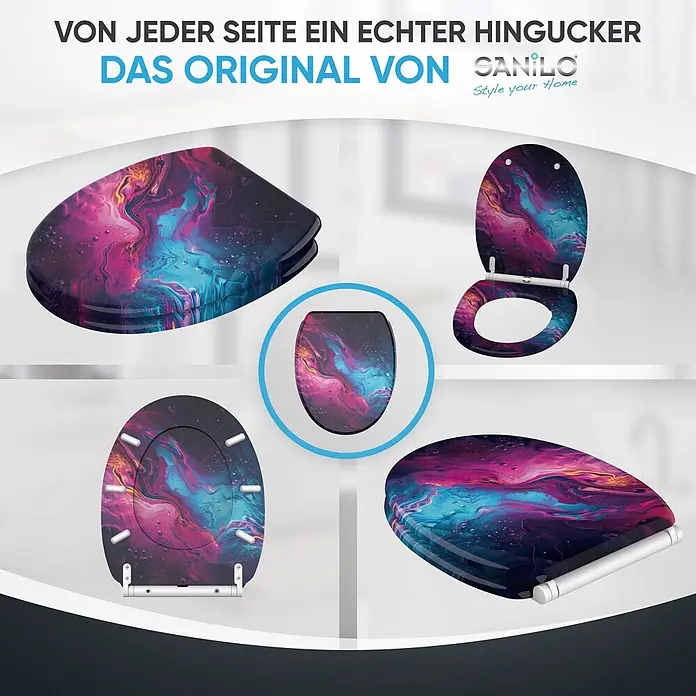 WC Sitz mit Absenkautomatik Lumen -  - Toilettensitz mit lebendigem abstraktem pink, blau und lila Flüssigkunst-Design, aus verschiedenen Winkeln gezeigt.