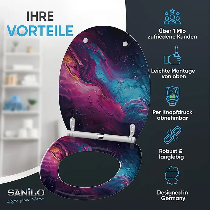 WC Sitz mit Absenkautomatik Lumen -  - Bunter WC-Sitz mit abstraktem Kosmos-Muster, offen in einem modernen Badezimmer dargestellt.
