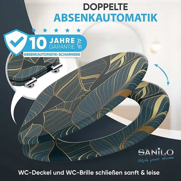 WC Sitz mit Absenkautomatik Monstera -  - Dunkelblauer WC-Sitz mit goldenem Blattmuster und Absenkautomatik für sanftes Schließen.