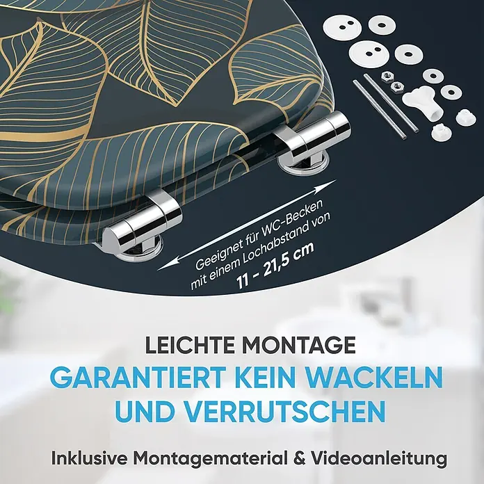 WC Sitz mit Absenkautomatik Monstera -  - Dekorativer WC-Sitz in Dunkeltürkis mit goldenem Blattmuster, inkl. Chromscharnieren und Montagematerial. Für 11-21,5 cm Lochabstand, einfache und stabile Montage.