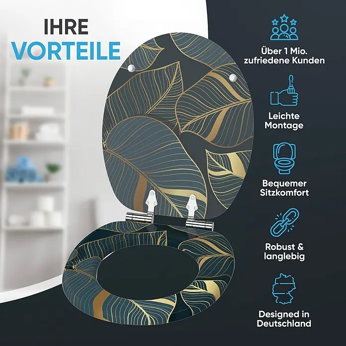 WC Sitz mit Absenkautomatik Monstera -  - Dunkelgrauer Toilettensitz mit goldenem Blattmuster, offen, neben Text zu Eigenschaften: 1 Mio.+ zufriedene Kunden, leichte Montage, bequem, robust, Designed in Deutschland.