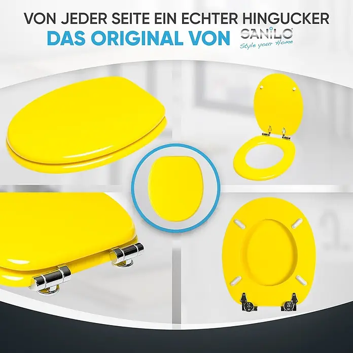 WC-Sitz mit Absenkautomatik Gelb -  - Ein leuchtend gelber Toilettensitz mit Chromscharnieren, aus verschiedenen Blickwinkeln (geschlossen, offen, oben, unten) dargestellt.