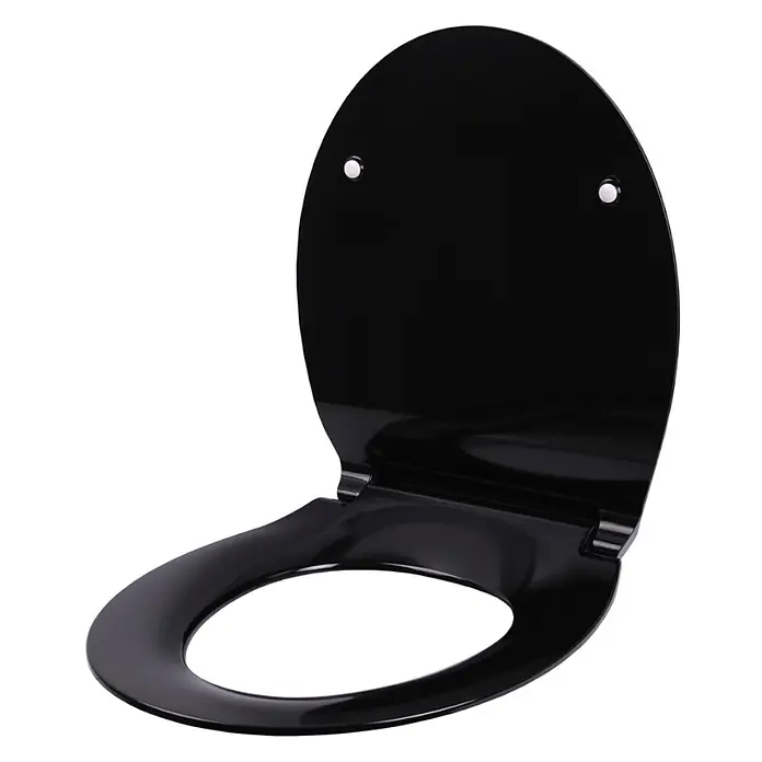 WC-Sitz mit Absenkautomatik Flat Schwarz -  - Glänzender schwarzer Toilettensitz und Deckel, offen und aufklappbar.