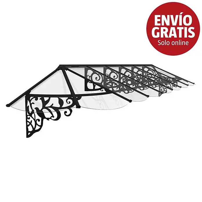 Palram – Canopia Marquesina para puerta Lily - 472 x 88 x 77 cm, Antracita - Toldo de puerta de metal negro ornamentado y plástico transparente con soportes decorativos.