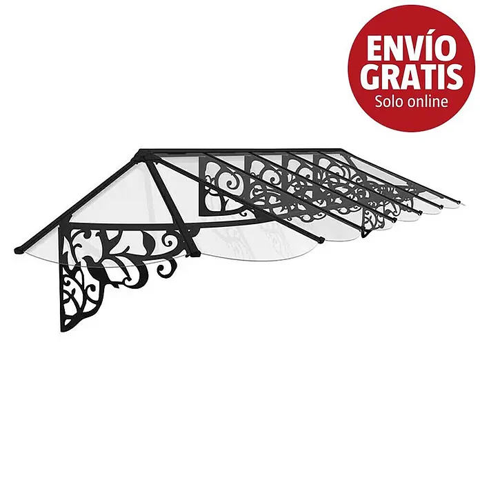 Palram – Canopia Marquesina para puerta Lily - 421 x 88 x 70 cm, Antracita - Toldo negro ornamentado con paneles transparentes para puerta o ventana.