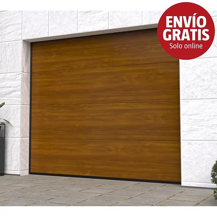 Solid Elements Puerta de garaje seccional PRO - 250 x 212,5 cm, Marrón - Puerta de garaje seccional marrón con veteado de madera y paneles horizontales, instalada en una abertura de pared blanca.