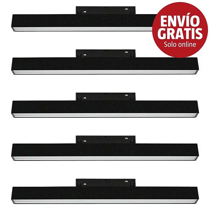 Panaled Regleta Toledo - 15 W, Negro, 5 ud. - Cinco lámparas LED lineales negras con difusores de luz blancos.