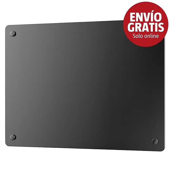 Purline Emisor térmico de cristal - An x Al: 45 x 40 cm, 1.000 W - Panel rectangular negro con esquinas redondeadas, cuatro fijaciones circulares y un adhesivo rojo 'ENVÍO GRATIS'.