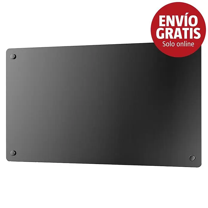 Purline Emisor térmico de cristal - An x Al: 70 x 40 cm, 1.500 W - Panel rectangular gris oscuro con cuatro fijaciones y un adhesivo rojo 'Envío Gratis Solo online'.