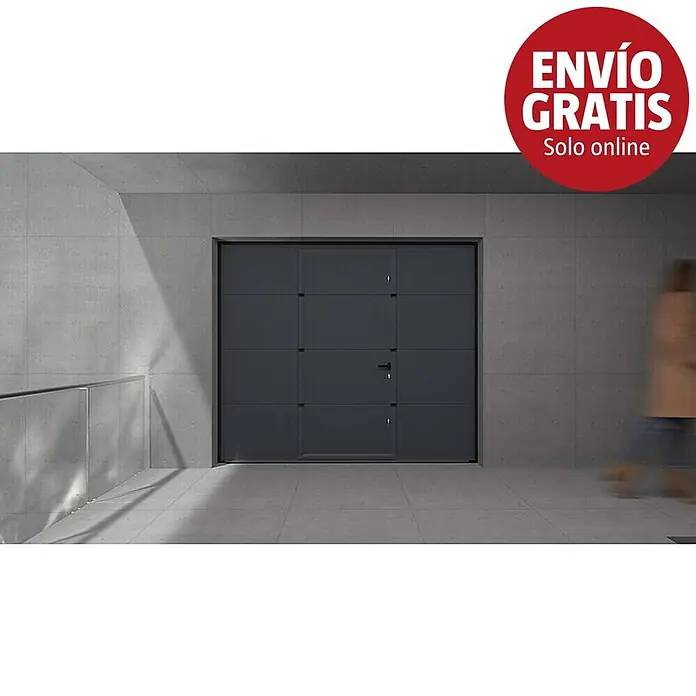 Solid Elements Puerta de garaje seccional PRO - 250 x 212,5 cm, Gris antracita, Peatonal - Puerta de garaje seccional gris oscuro con puerta peatonal integrada en un garaje de hormigón moderno.