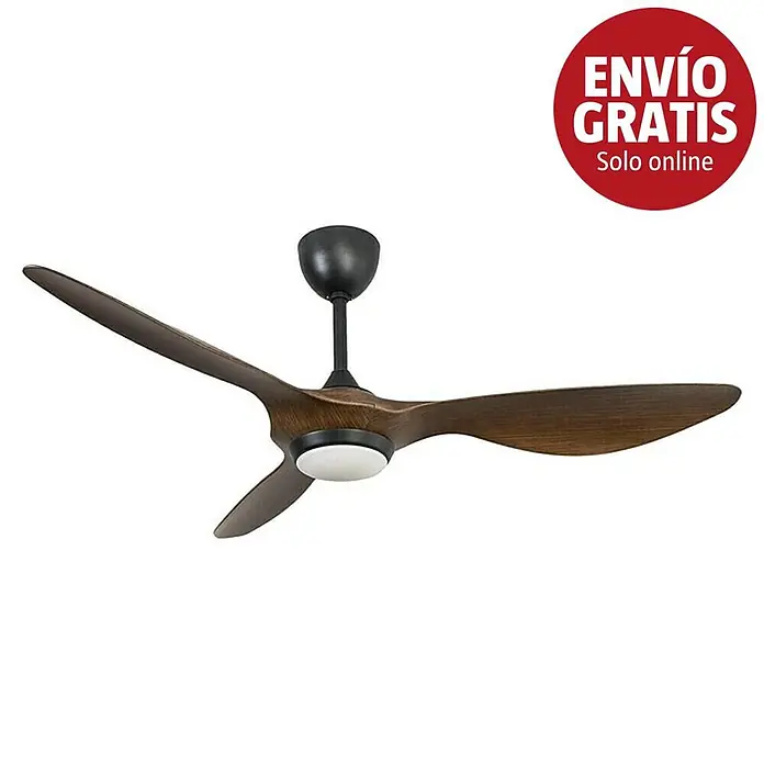 Purline Ventilador de techo Helix Wood - Negro/Madera, 132 cm, 35 W, Blanco cálido - Ventilador de techo con tres aspas de madera oscura, motor negro y luz integrada.