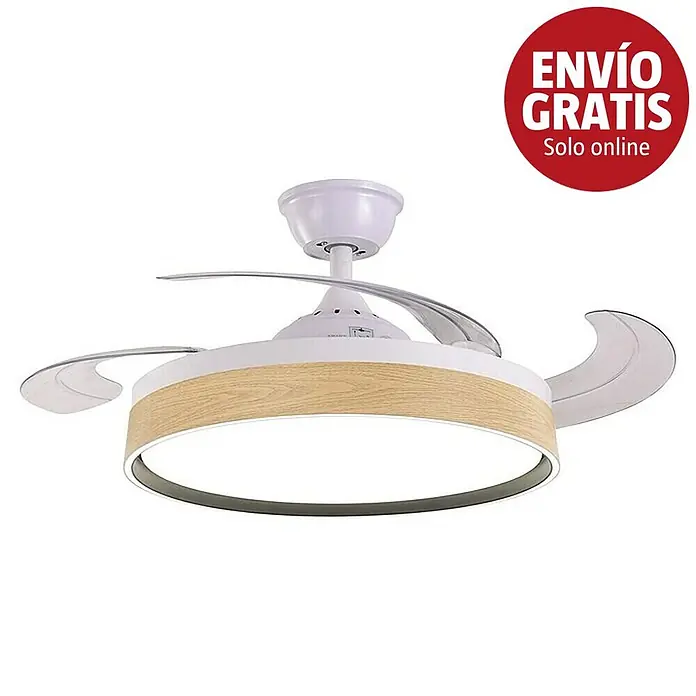 Led Hispania Ventilador de techo Polux - Blanco/Madera, 106 cm, 35 W, Blanco cálido - Ventilador de techo blanco con aspas retráctiles, luz LED circular y borde de madera.
