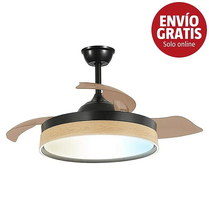 Led Hispania Ventilador de techo Polux - Negro/Madera, 106 cm, 35 W, Blanco cálido - Ventilador de techo negro con luz LED iluminada y borde de madera clara, con aspas retráctiles marrones translúcidas.