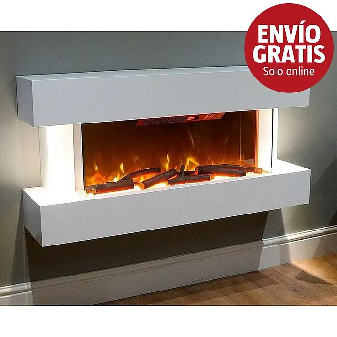 Focalpoint Chimenea eléctrica Ashford Wall Suite - Blanco, 2.000 W, 26,5 x 122 x 60 cm - Chimenea eléctrica blanca de pared con diseño moderno, llamas artificiales y troncos, que proporciona iluminación ambiental.
