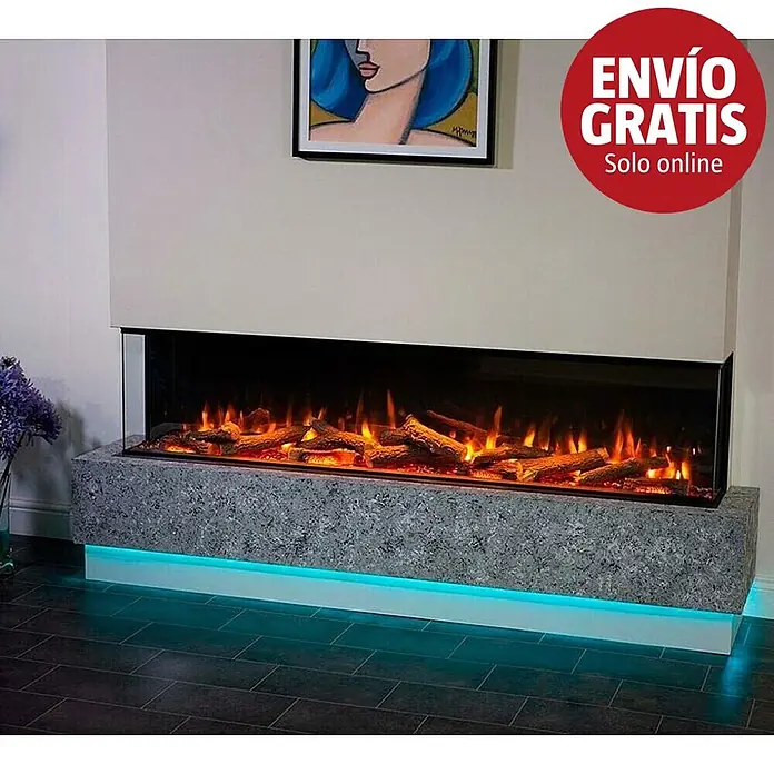 Charlton & Jenrick Chimenea eléctrica 4D Eco flame - Negro, 1.500 W - 2.000 W, L x An x Al: 30 x 183 x 56 cm - Chimenea eléctrica moderna con efecto de llama realista, base gris texturizada e iluminación ambiental azul.