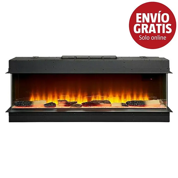 Focalpoint Chimenea eléctrica Eccentra 1250 - L x An x Al: 22,3 x 126,6 x 24,4 cm - Inserto de chimenea eléctrica negro con llamas naranjas realistas, brasas incandescentes y leños/rocas falsas.