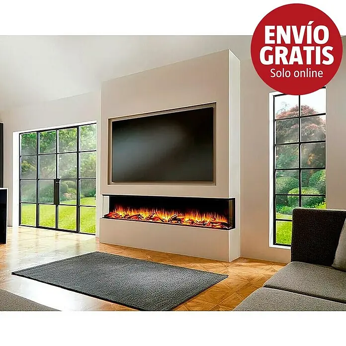 Charlton & Jenrick Chimenea eléctrica Ecoflame i2200E - Negro, 1.500 W - 2.000 W, L x An x Al: 30 x 223,2 x 56 cm - Chimenea eléctrica empotrada moderna con efectos de llama realistas, integrada en la pared de un salón bajo una televisión grande.