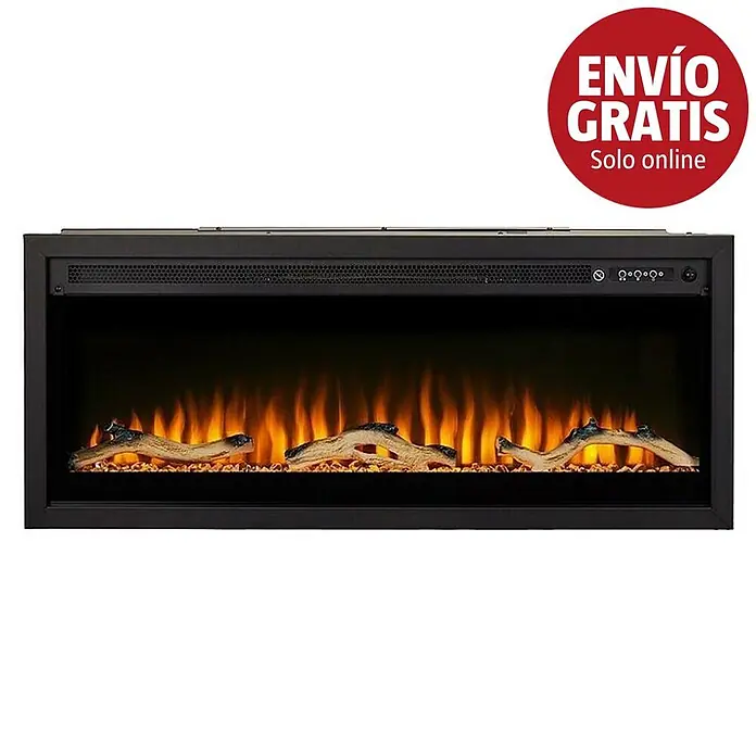 Focalpoint Chimenea eléctrica Sasanoa 40 - Negro, 1.500 W, L x An x Al: 15 x 100,8 x 41,9 cm - Chimenea eléctrica negra encastrable con efecto de llama realista y troncos falsos. Panel de control visible.