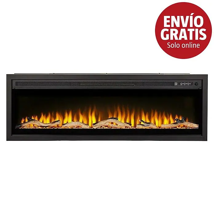 Focalpoint Chimenea eléctrica Sasanoa 50 - Negro, 1.500 W, L x An x Al: 15 x 126,2 x 41,9 cm - Larga chimenea eléctrica negra con llamas artificiales y troncos decorativos, con etiqueta 'ENVÍO GRATIS'.